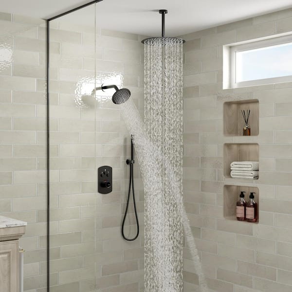 Pressure Balanced 3-Spray 12 in. Dual Shower Head Ceiling Mount Fixed and Handheld Shower Head 2.5 GPM in Matte Black