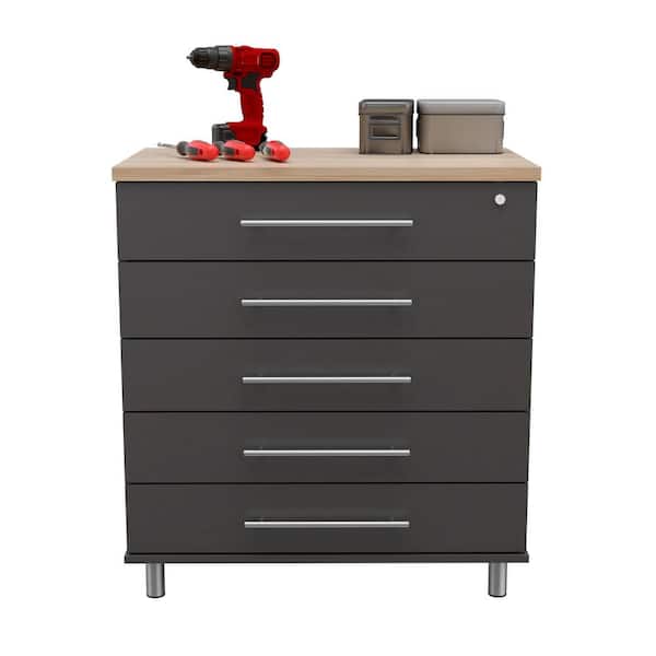 Inval KRATOS 31.5 in. W x 34.65 in. H x 19.69 in. D 5-Drawer Wood Garage Storage Freestanding Cabinet in Dark Gray/Maple