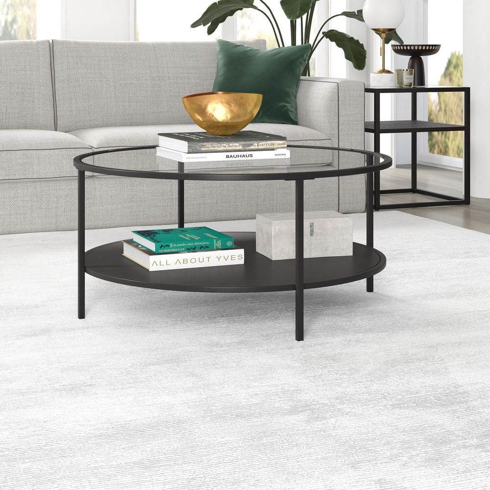 Blackened Bronze Round Coffee Table with Glass Top and Metal Shelf, 36"