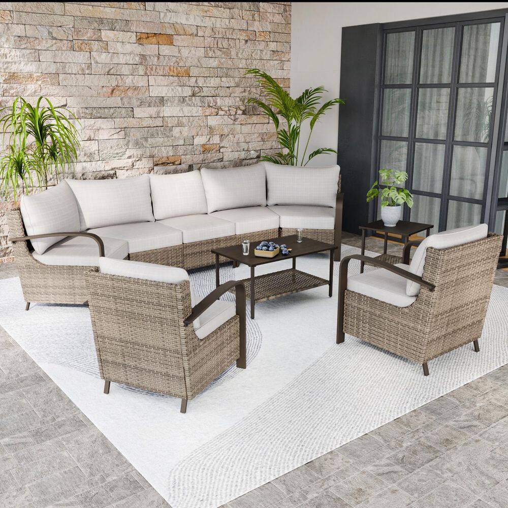 Beige and Brown Steel 7-Person Outdoor Sectional Sofa Set