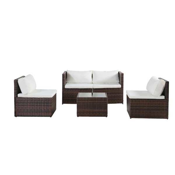 JUSKYS Lovely 4 - Person Brown Wicker Patio Conversation Outdoor Seating Group with White Cushions (Set of 5)
