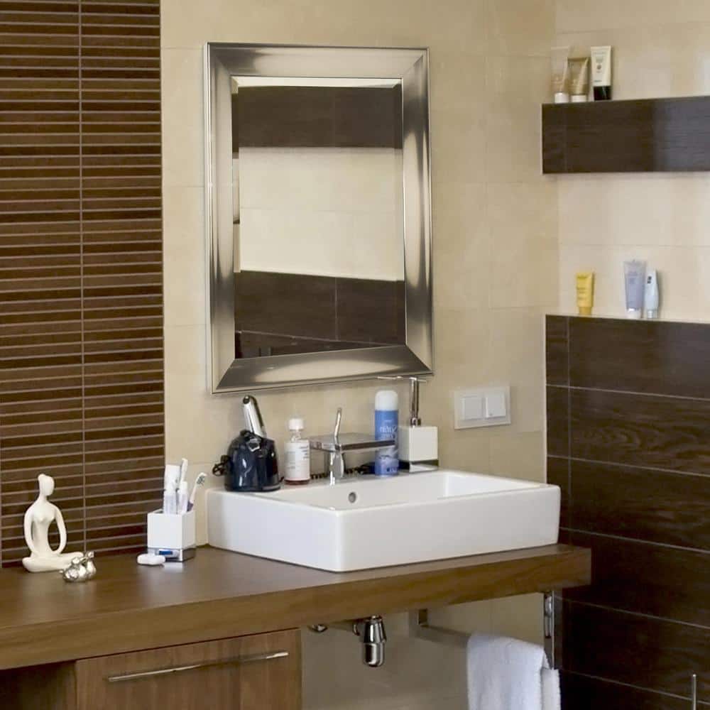 Brushed Nickel Rectangular Beveled Wall Vanity Mirror