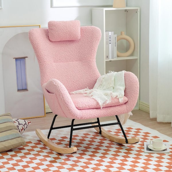 Harper & Bright Designs Pink Polyester Rocking Chair with Side Pocket and Adjustable Headrest, Accent Chair for Living Room and Bedroom