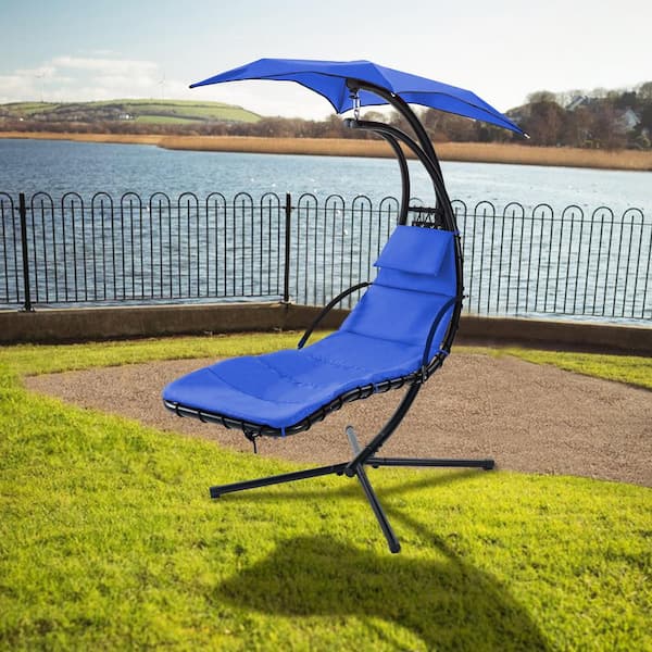 Metal Patio Swing Hanging Chaise Lounger Removable Canopy Swing Chair Built in Pillow with Stand in Navy Blue CHADGITF3 The Home Depot