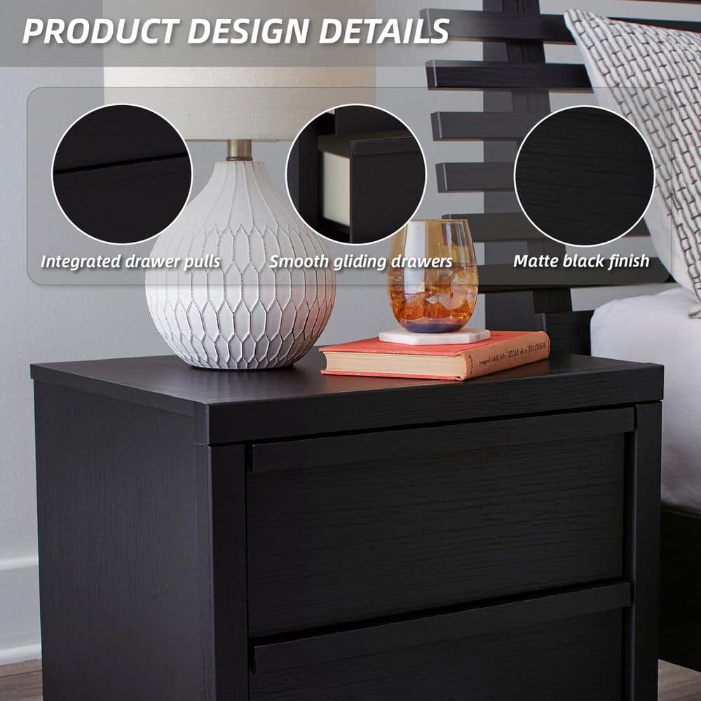 Black Modern 2-Drawer Nightstand with Wireless Charging