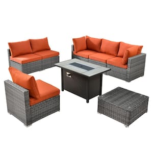 Messi Gray 8-Piece Wicker Outdoor Patio Conversation Sectional Sofa Set with a Metal Fire Pit and Orange Red Cushions