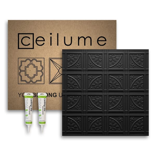 Ceilume Lafayette 2 ft. x 2 ft. Glue Up Vinyl Ceiling Tile and Backsplash Kit in Black (21 sq. ft./case)