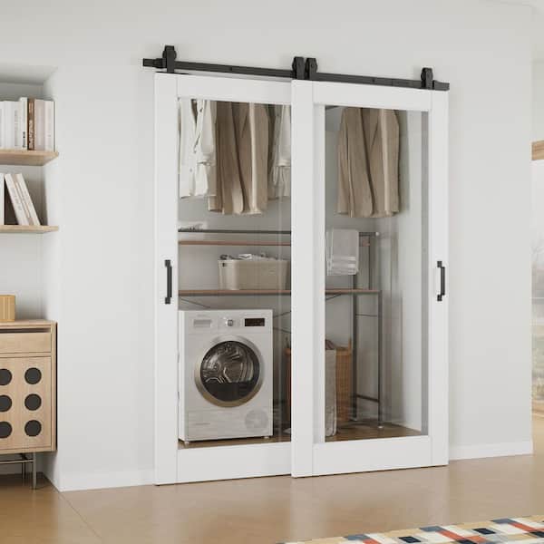 64 in. x 80 in. (Double 36 in. ) 1 Lite Clear Glass White Primed MDF Sliding Barn Door with Hardware Kit Bypass