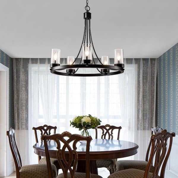 Bismarck 5-Light Black Candle Style Wagon Wheel Chandelier with Wrought Iron Accents