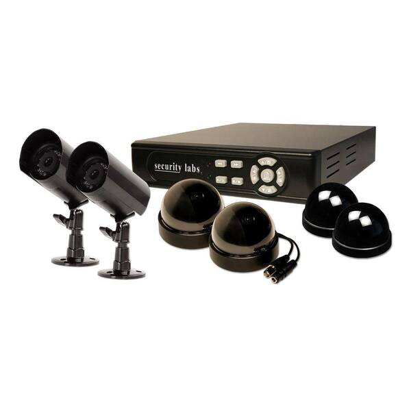 Security Labs 4 Channel Multiplex Internet DVR with 500G HD, 2 Weatherproof Bullet Cams, 2 Indoor Dome Cams, 2 Dummys-DISCONTINUED