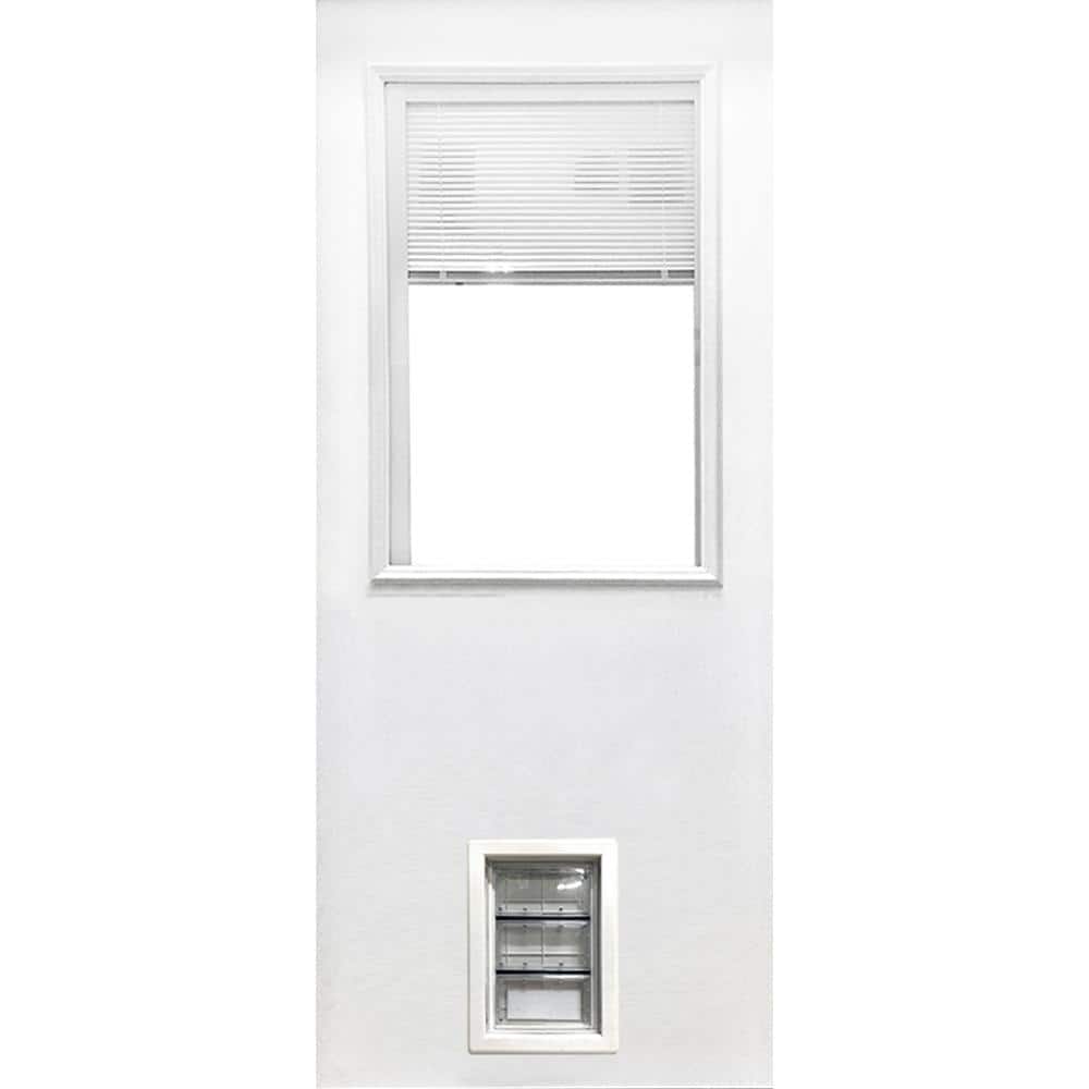 Steves & Sons 31-3/4 in. x 79 in. Reliant Series Clear 1/2-Lite Mini-Blind  White Primed Fiberglass Front Door Slab w/ Medium Pet Door