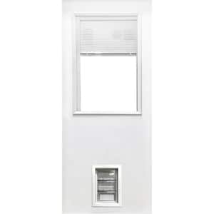 31-3/4 in. x 79 in. Clear 1/2-Lite Mini-Blind White Primed Fiberglass Front Door Slab with Medium Pet Door