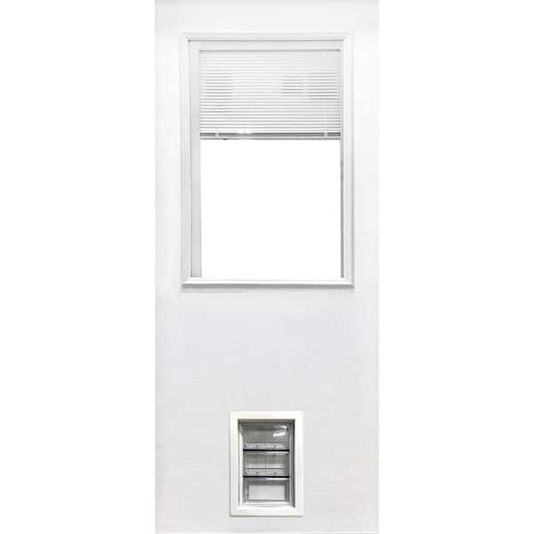 Steves & Sons 31-3/4 in. x 79 in. Reliant Series Clear 1/2-Lite Mini-Blind White Primed Fiberglass Front Door Slab w/ Medium Pet Door