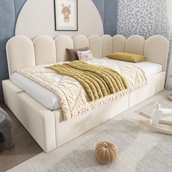 Beige Twin Size Velvet Upholstered Daybed Bed with Metal Slatted Frame and Hydraulic Storage Bed Frame