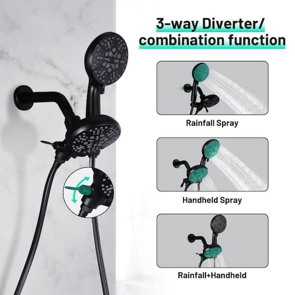 Rain 7-Spray Patterns Wall Mount Handheld Shower Head Combo Adjustable Heads 1.8 GPM in Black
