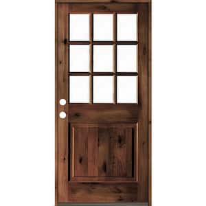 36 in. x 80 in. Rustic Knotty Alder Red Mahogany Stain Right-Hand Clear LowE Glass 9-Lite Wood Single Prehung Front Door