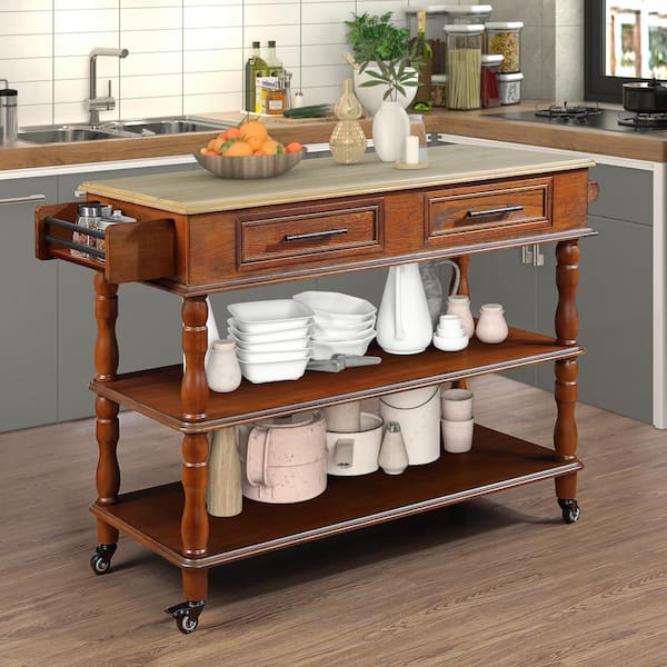 FAMYYT Classic Rolling Brown Solid Oak Wood Tabletop 57 in. Kitchen Island with Drawers and Wheels