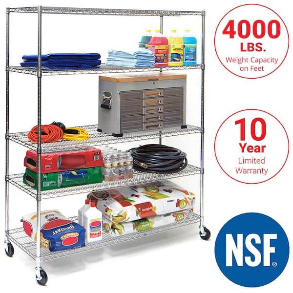 Seville Classics UltraDurable Commercial-Grade 5-Tier NSF-Certified Steel Wire Shelving with Wheels, 24 x 18 Chrome