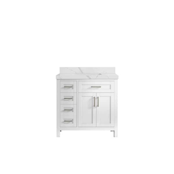 Willow Collections Cambridge 36 in. W x 22 in. D x 36 in. H Center Sink Bath Vanityin White with 2 in. Calacatta Quartz Top