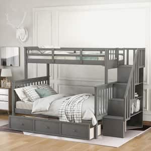 Detachable Style Gray Twin over Full Wood Bunk Bed with Storage Staircase, 3-Drawer