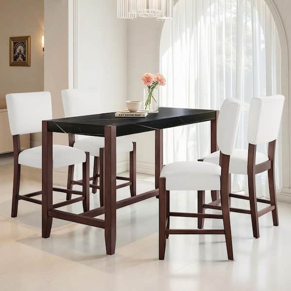 Virelle Modern 5-Piece 36.2 in. H Rectangle Wood Top Dining Bar Table Set with Upholstered Counter Stools, Black + Beige