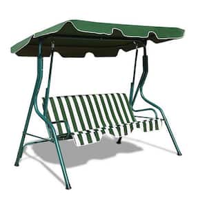 67.5in. 3-person Rustic Green Metal Steel Outdoor Porch Swing With Cushion And Canopy