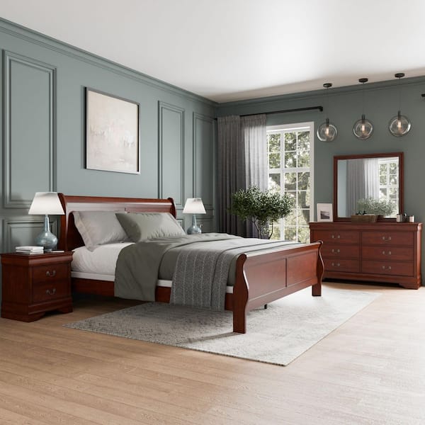 Furniture of America 5-Piece Burkhart Cherry Wood King Bedroom Set with 2-Nightstands and Dresser w/Mirror