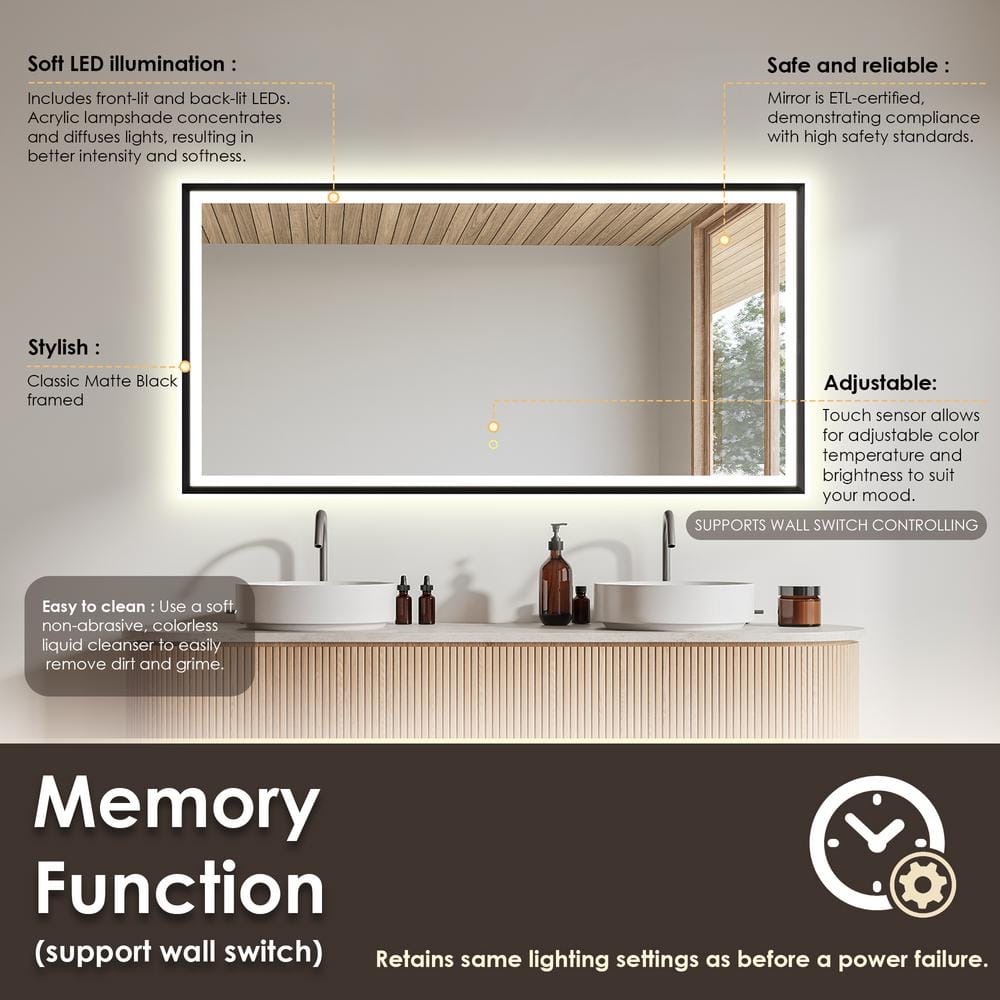 Apollo 60" x 30" Matte Black LED Vanity Mirror with Anti-Fog
