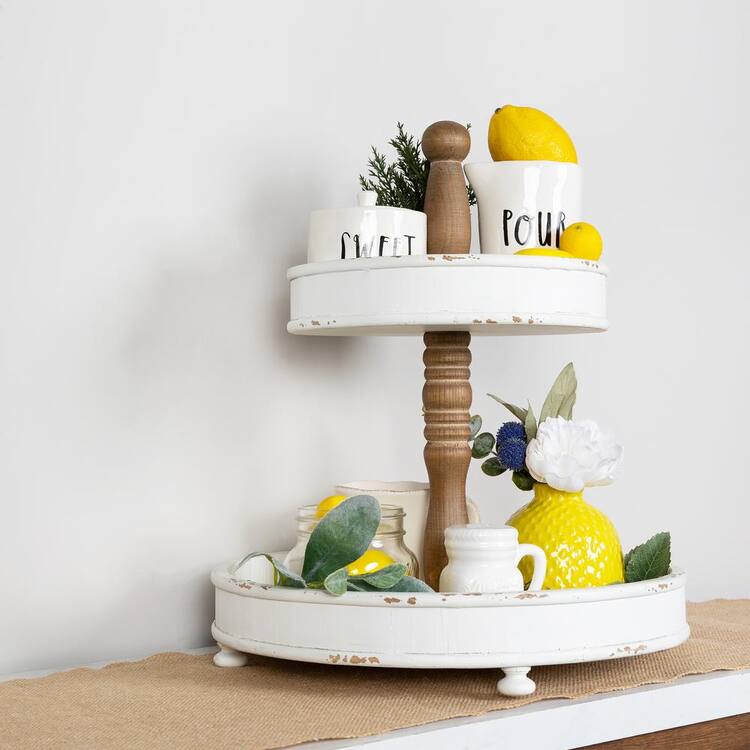 Stratton Home Decor 2Tier Round White and Natural Wood Tray Home