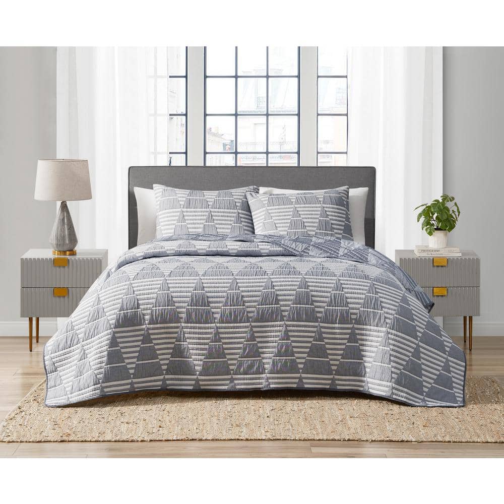 Trigon Denim Blue 3-Piece All-Season Soft Woven Matelasse Jacquard Reversib