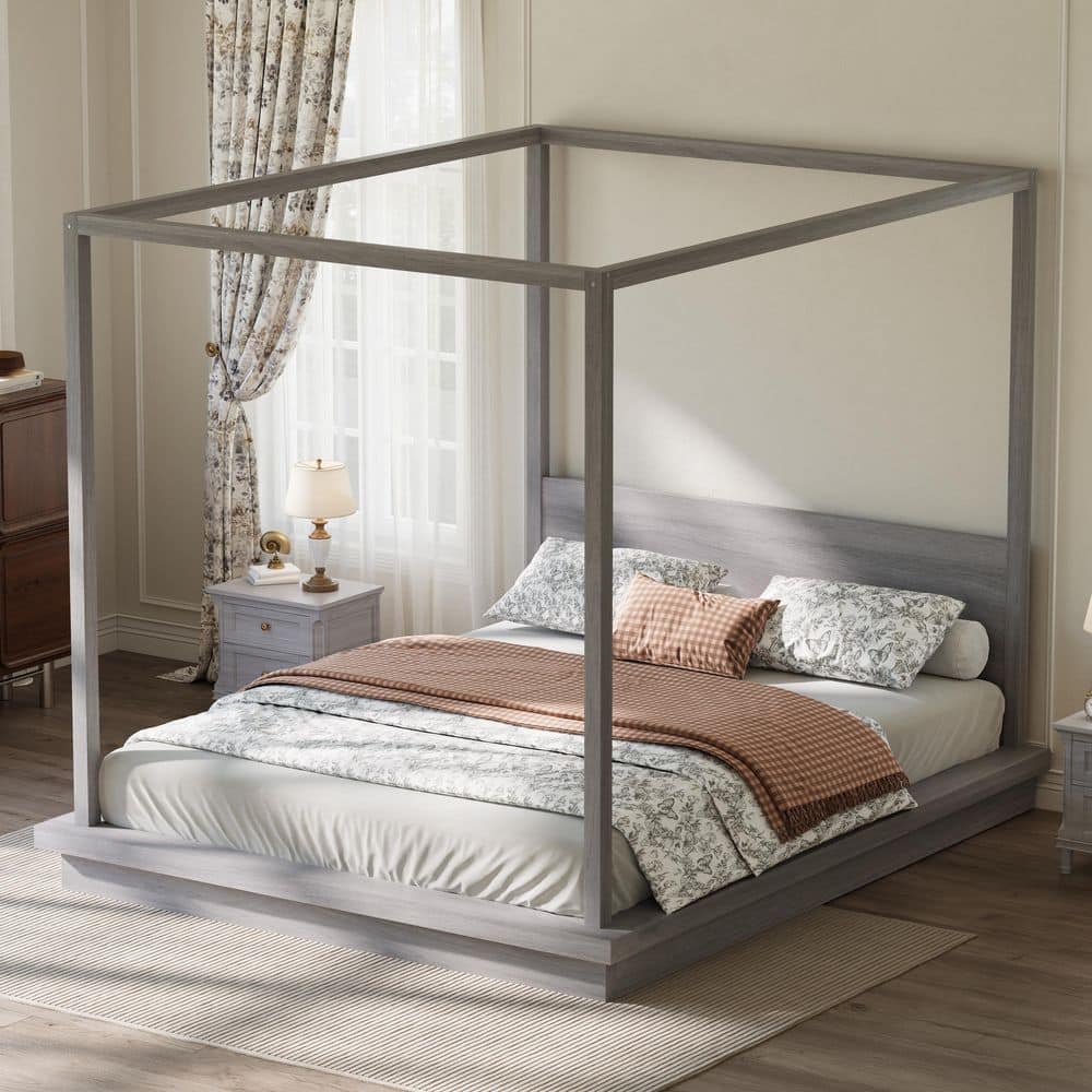 Gray Wood Frame Canopy King Size Platform Bed with Headboard