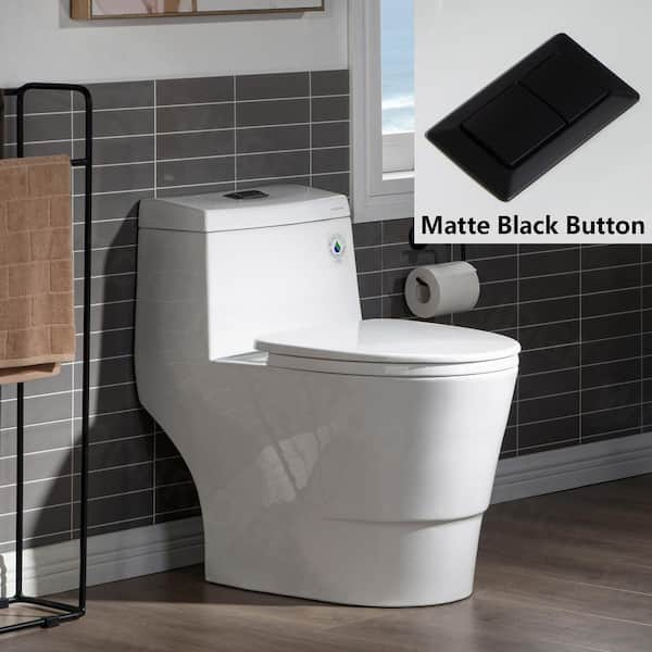 WOODBRIDGE Everette 1-Piece 1.28GPF Dual Flush Elongated Toilet in White with Map Flush 1000 g and Toilet Seat Included