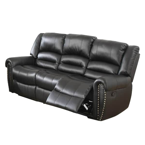 SIMPLE RELAX 86 in. Round Arm Faux Leather 3-Seater Straight Sofa with Reclining in Black