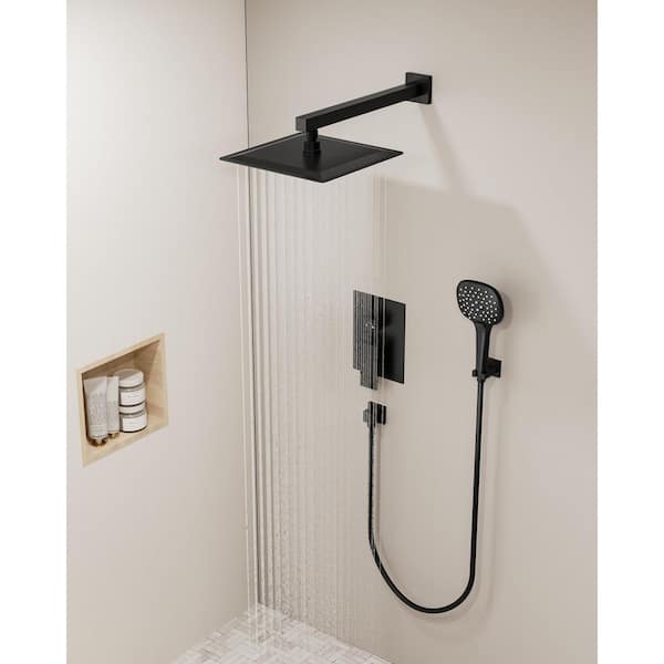 YAWWALK Double Handle 3-Spray 10 in. Wall Mount Shower Faucet with High Pressure in Matte Black (Valve Included)