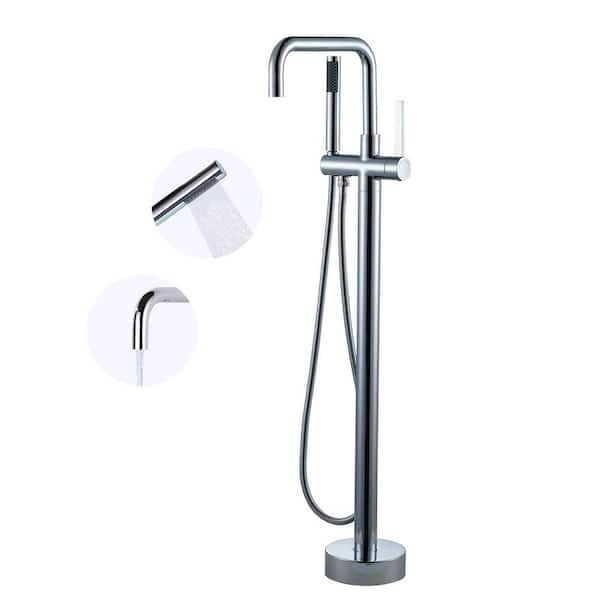 Single-Handle Freestanding Floor Mount Tub Faucet Bathtub Filler with Hand Shower in Polished Chrome