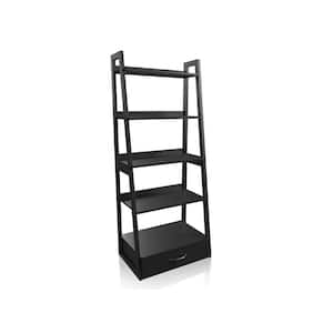 64 in. Black Wood 5-shelf Ladder Bookcase with Drawers