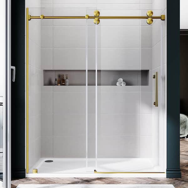 UKS04 66 to 72 in. W x 80 in. H U-Channel Sliding Frameless Shower Door in Satin Brass, EnduroShield 3/8 in. Clear Glass