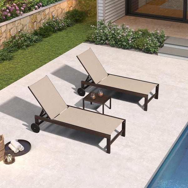 PURPLE LEAF Aluminum Bronze Frame Outdoor Chaise Lounge Patio Lounge Chair with Side Table and Wheels, Mixed White