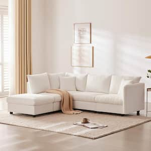 89 in. Straight Arm 5 Seat L-Shape Fabric Sectional Sofa in White with Vertical Stripes, 2 Pillows, Removable Ottoman