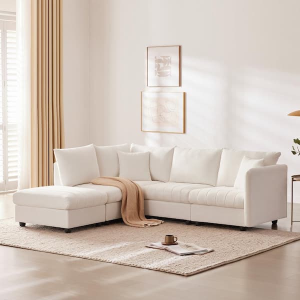 Harper & Bright Designs 89 in. Straight Arm 5 Seat L-Shape Fabric Sectional Sofa in White with Vertical Stripes, 2 Pillows, Removable Ottoman