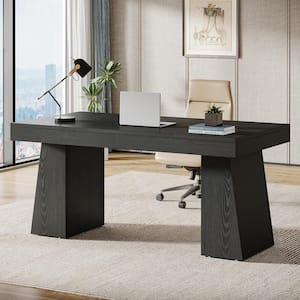 Moronia 55.1 in. Rectangle Black Wood Executive Desk with Double Trapezoid Base, Computer Desk Business Workstation Desk