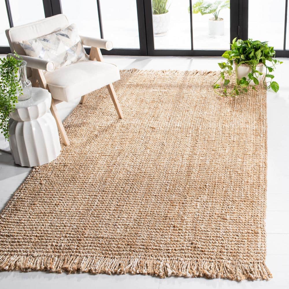 Handmade Natural Beige Jute Area Rug with Fringe