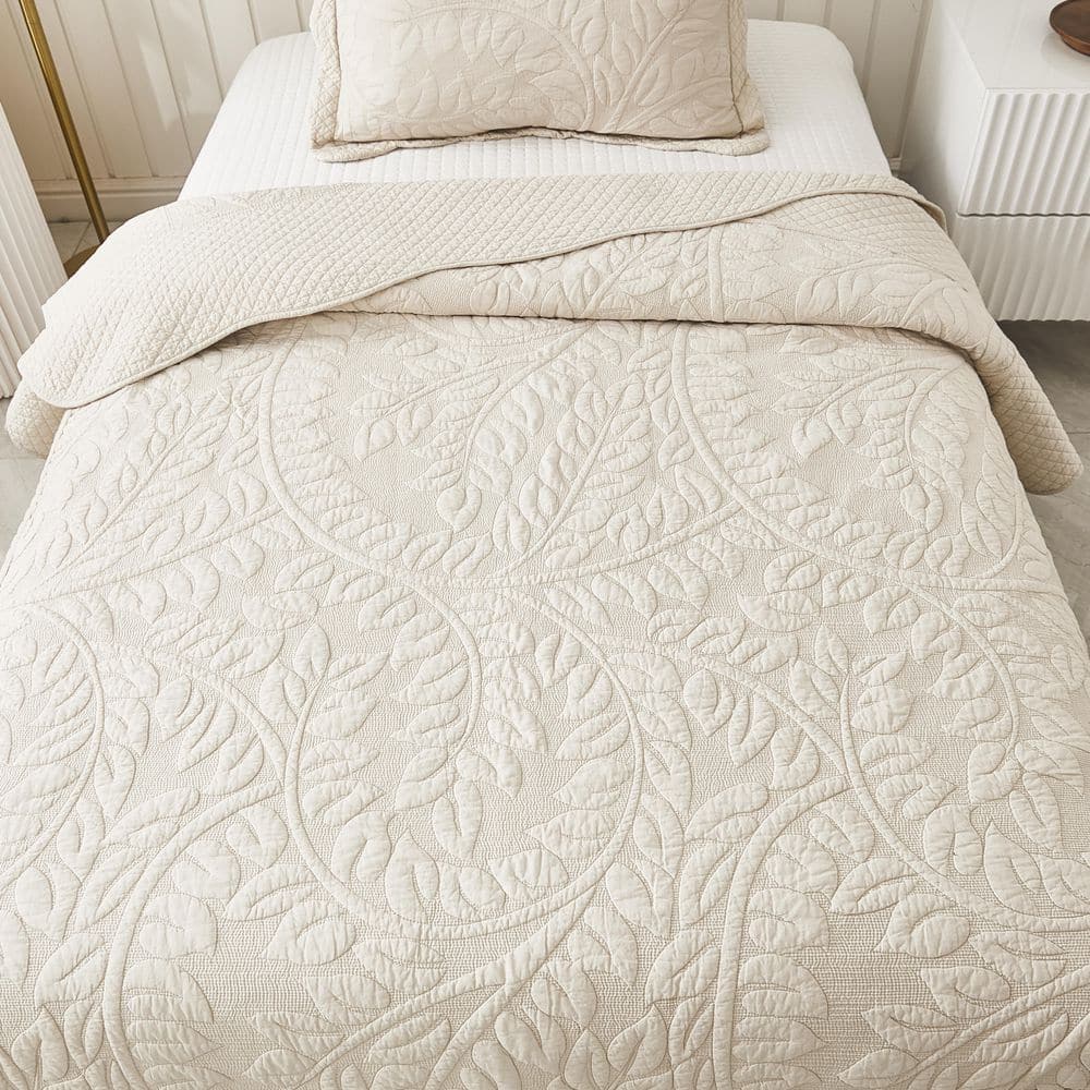 Khaki Beige Twin Cotton Reversible Quilt Set