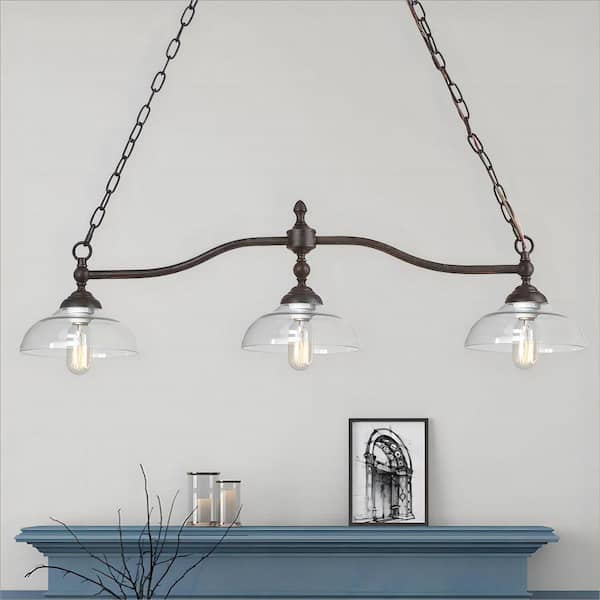 LNC Linear Bronze Rustic Chandelier, 3-Light Barn Black Pendant Industrial Dining Room Chandelier with Clear Glass Shades