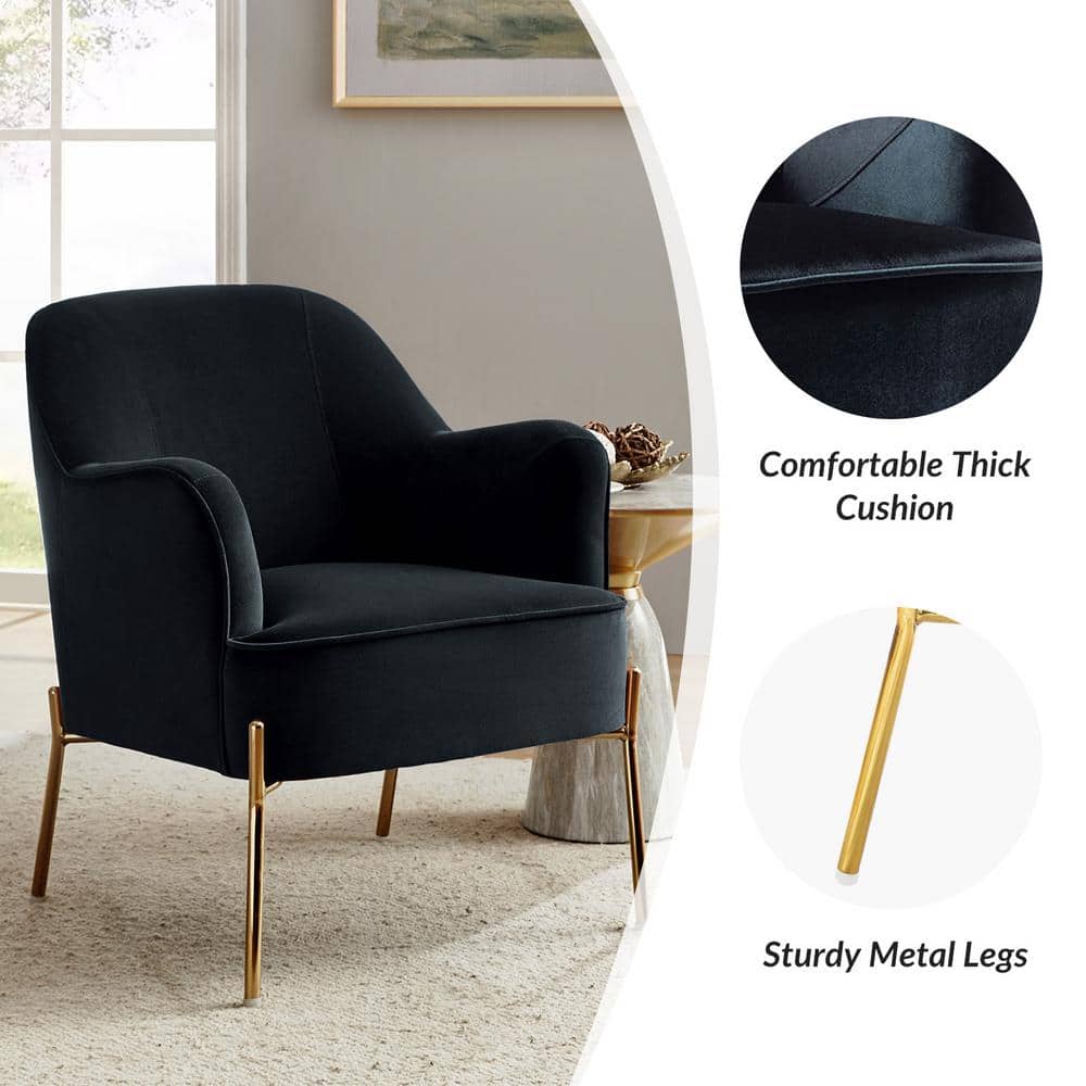 Elegant Black Velvet Curved Backrest Accent Chair with Golden Metal Legs