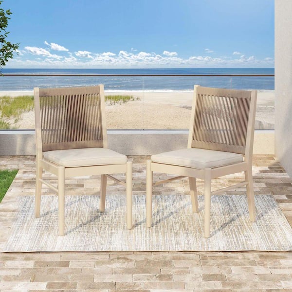 Beige acacia wood frame outdoor dining chairs with waterproof beige cushions (set of 2)