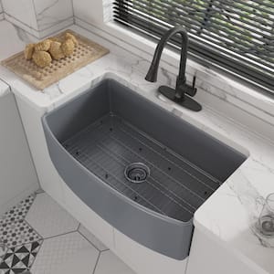 Matte Gray Fireclay 33 in. Curved Design Single Bowl Farmhouse Apron Kitchen Sink with Pull Down Faucet