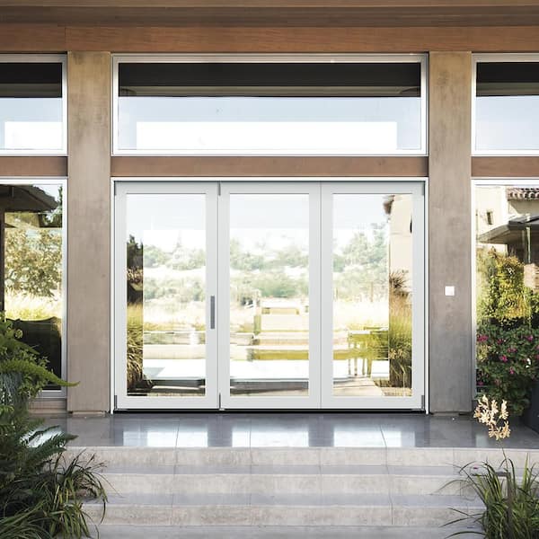 108 in. x 80 in. F4500 Right-Hand White Fiberglass 3-Panel Folding Patio Door with Low-E Glass and Nickel Handle