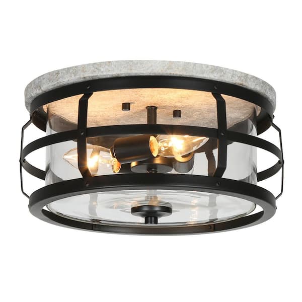 LOUGHEED DECOR INC Modern 12.6 In. 3-Light Black Rustic Flush Mount with Clear Glass Shade and No Bulb Included