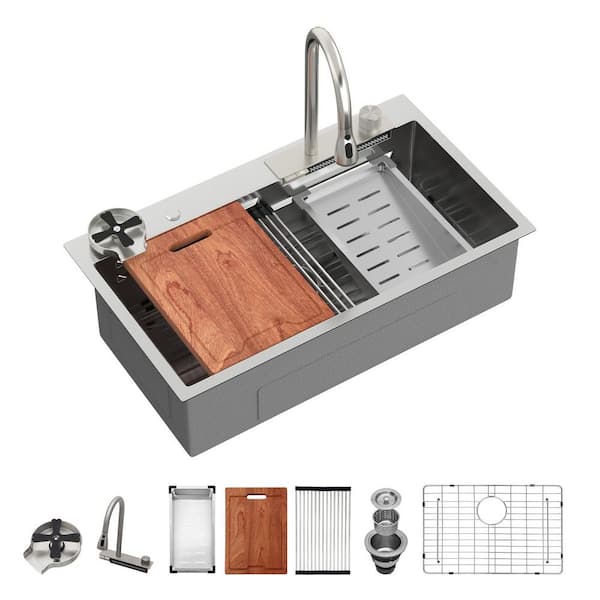 33 in. x 19 in. Drop-In 16-Gauge Stainless Steel Single Bowl Workstation Kitchen Sink with Faucet and Accessories